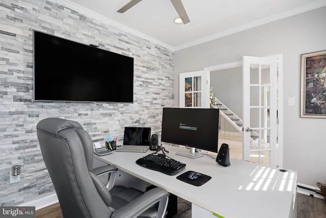 home office with crown molding and dark hardwood / wood-style flooring