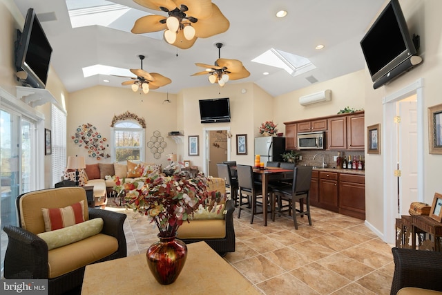 tiled living room featuring ceiling fan, lofted ceiling, sink, and an AC wall unit