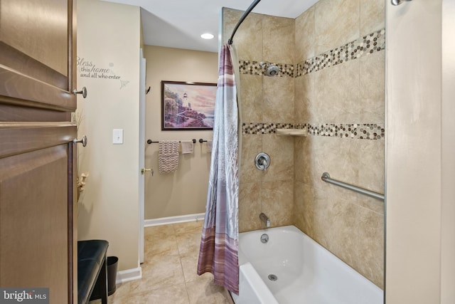 bathroom featuring tile patterned floors and shower / tub combo with curtain