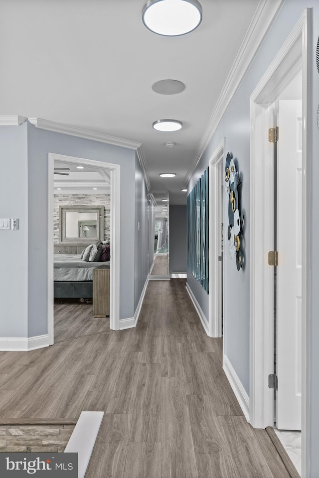 corridor with wood-type flooring and crown molding