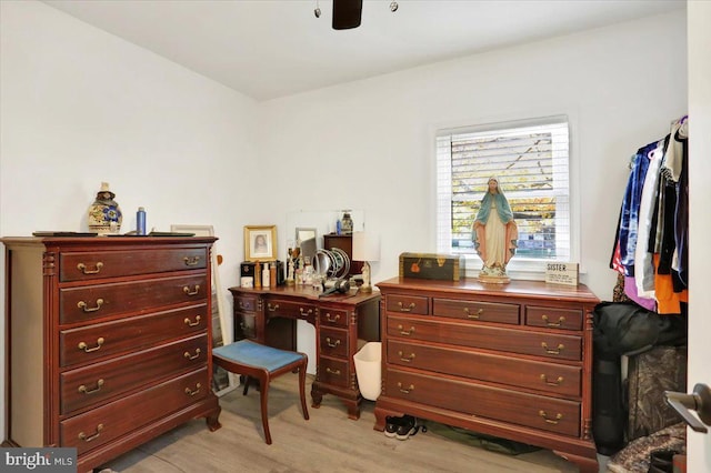 interior space with light hardwood / wood-style floors and ceiling fan