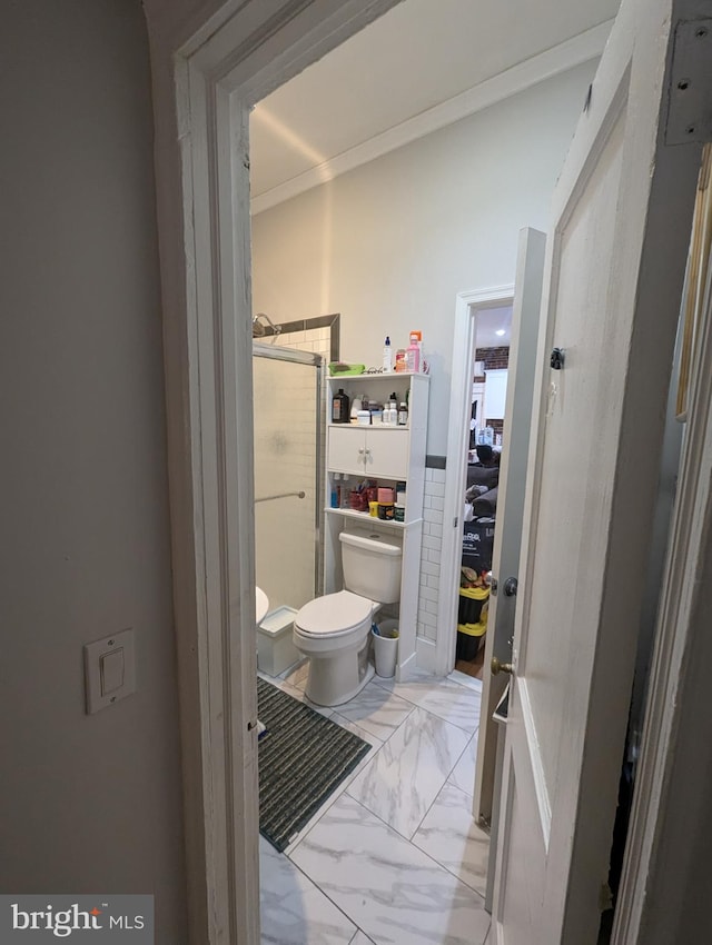 bathroom featuring crown molding and toilet