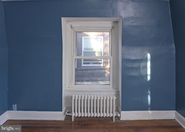 room details featuring radiator heating unit and wood-type flooring