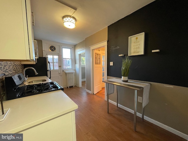 kitchen with radiator, decorative backsplash, sink, and light wood-type flooring