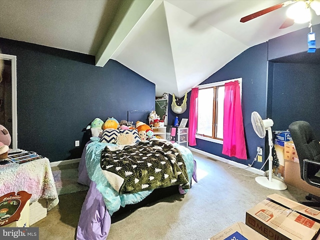 bedroom featuring lofted ceiling with beams, carpet floors, and ceiling fan