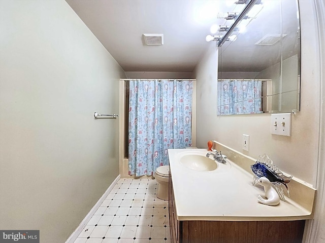 full bathroom with vanity, toilet, and shower / bathtub combination with curtain