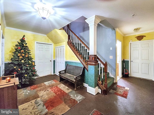 living room featuring crown molding