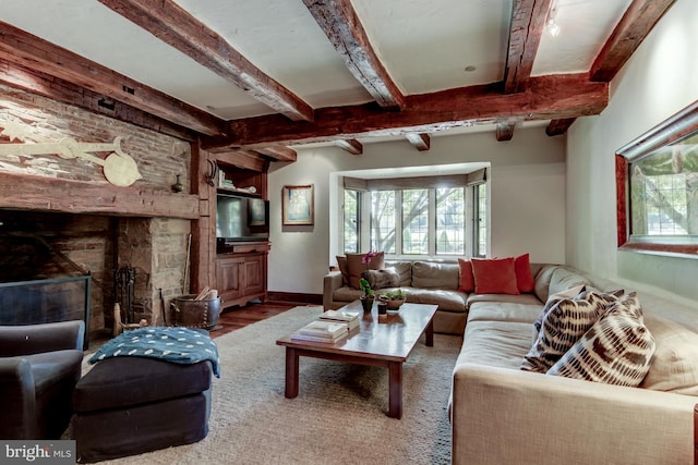 1601 Brintons Bridge Rd, Chadds Ford, PA 19317 - living area with baseboards, beamed ceiling, and wood finished floors