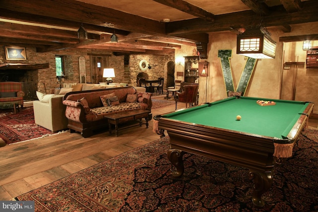 1601 Brintons Bridge Rd, Chadds Ford, PA 19317 - game room featuring beamed ceiling, pool table, a stone fireplace, and hardwood / wood-style flooring
