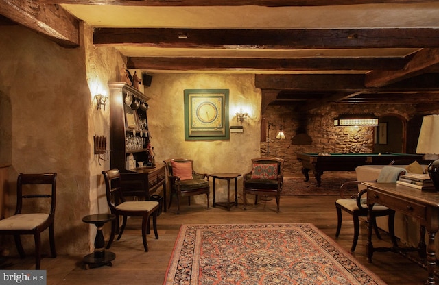 1601 Brintons Bridge Rd, Chadds Ford, PA 19317 - living area with billiards, beam ceiling, and wood finished floors