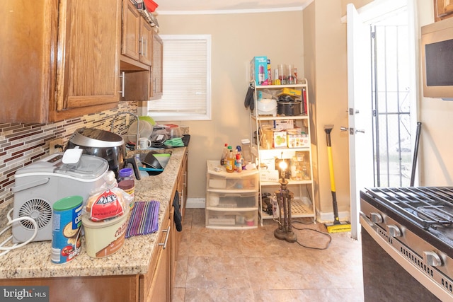 kitchen with sink, crown molding, light stone counters, and tasteful backsplash