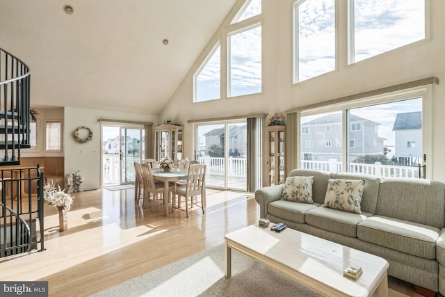 living room featuring light hardwood / wood-style flooring and high vaulted ceiling