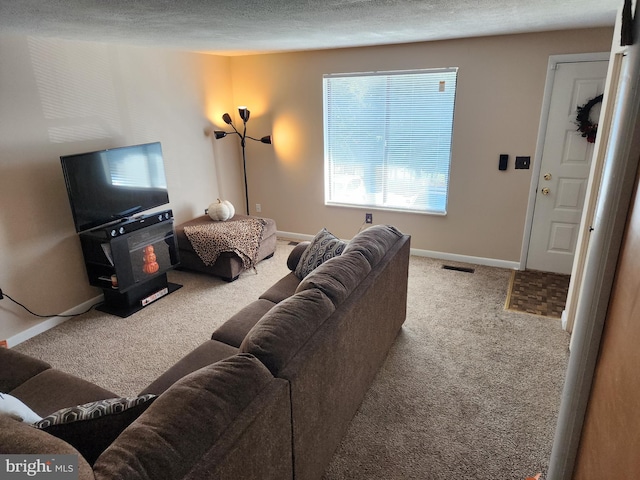 carpeted living room featuring a textured ceiling