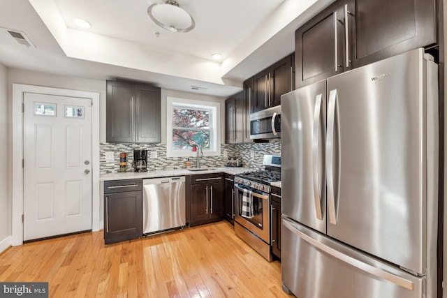 kitchen with light hardwood / wood-style flooring, stainless steel appliances, sink, and backsplash