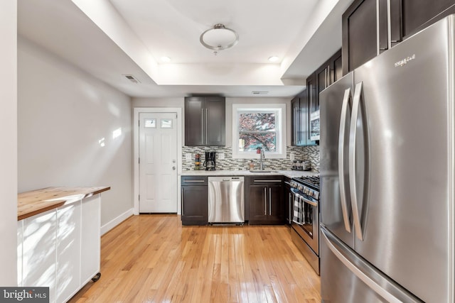 kitchen with decorative backsplash, dark brown cabinets, stainless steel appliances, and light hardwood / wood-style floors