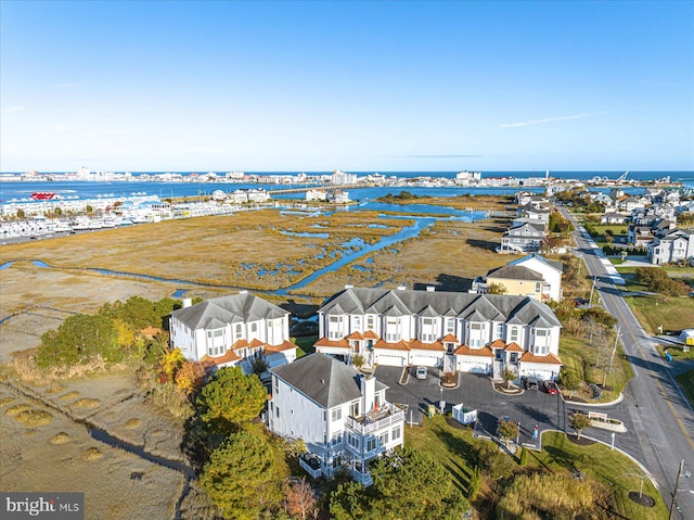 aerial view featuring a water view