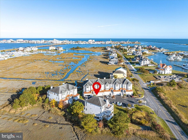 drone / aerial view with a water view