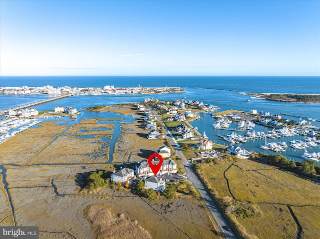 drone / aerial view featuring a water view