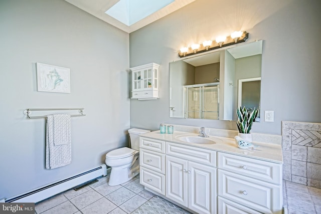 bathroom with a baseboard heating unit, tile patterned floors, toilet, a shower stall, and a skylight