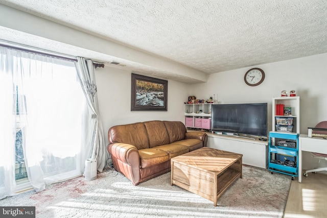 living room featuring a textured ceiling, a wealth of natural light, and light colored carpet