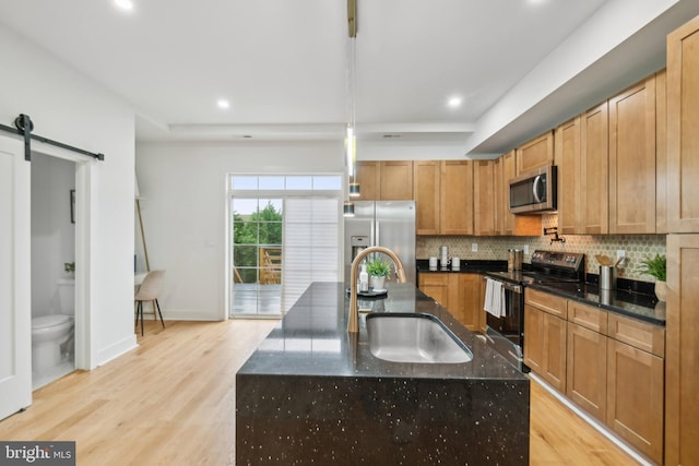 kitchen featuring a barn door, sink, light wood-type flooring, and appliances with stainless steel finishes