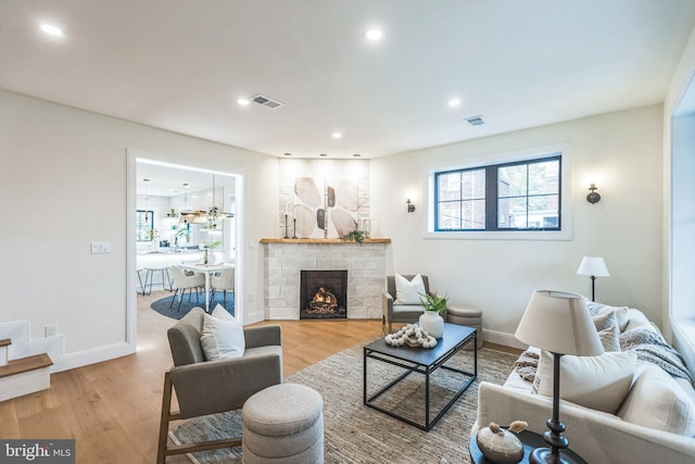 living room with wood-type flooring and a stone fireplace