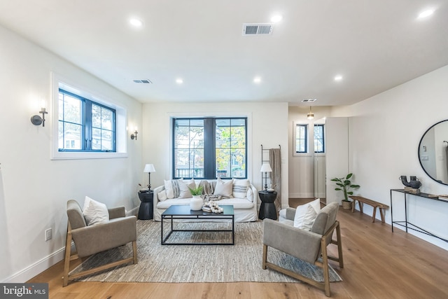 living room featuring plenty of natural light and light hardwood / wood-style floors