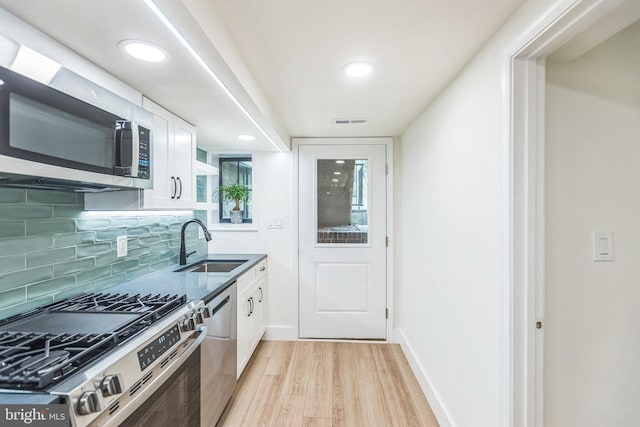 kitchen with white cabinetry, sink, backsplash, light hardwood / wood-style floors, and stainless steel appliances