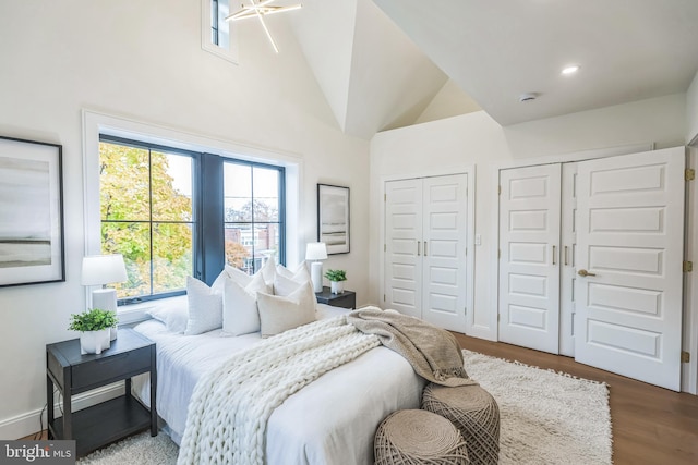 bedroom featuring hardwood / wood-style floors and high vaulted ceiling