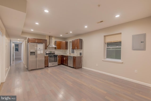 kitchen featuring decorative backsplash, electric panel, wall chimney range hood, light hardwood / wood-style flooring, and appliances with stainless steel finishes