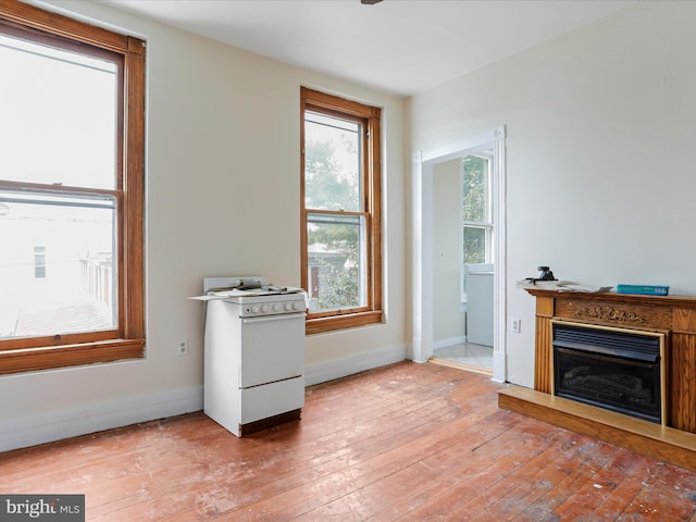 kitchen featuring wood-type flooring and white range with gas cooktop