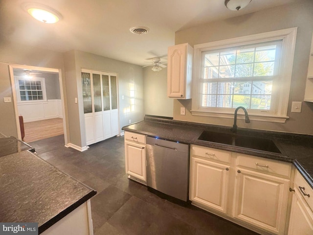 kitchen with sink, ceiling fan, dishwasher, and white cabinets