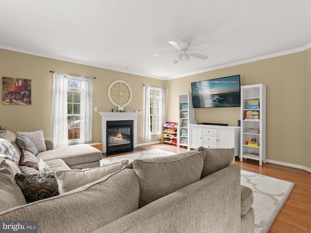 211 Glyndon Meadow Rd, Reisterstown, MD 21136 - living room featuring a fireplace with flush hearth, ceiling fan, wood finished floors, baseboards, and ornamental molding