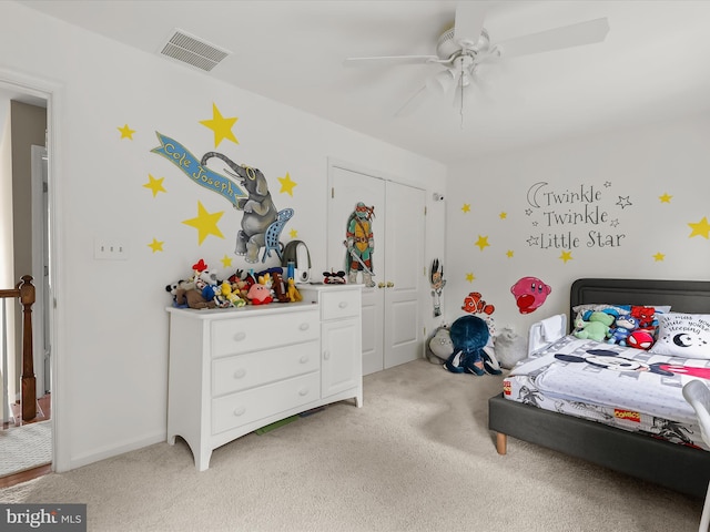 211 Glyndon Meadow Rd, Reisterstown, MD 21136 - bedroom featuring light colored carpet, a closet, and ceiling fan