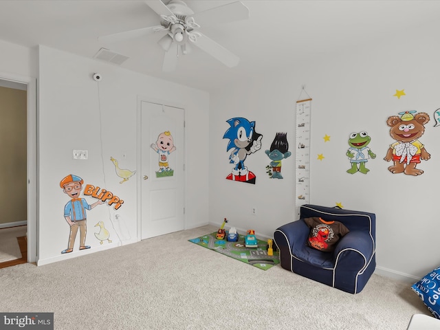 211 Glyndon Meadow Rd, Reisterstown, MD 21136 - recreation room featuring carpet floors, ceiling fan, and baseboards