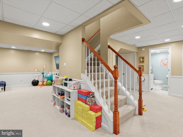 211 Glyndon Meadow Rd, Reisterstown, MD 21136 - stairway featuring carpet flooring, a paneled ceiling, and recessed lighting