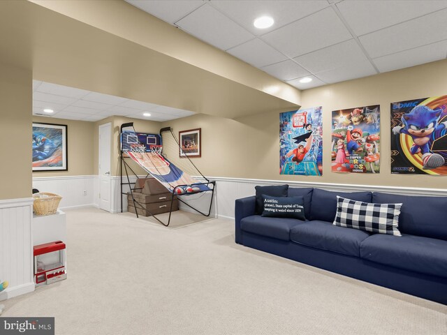 211 Glyndon Meadow Rd, Reisterstown, MD 21136 - rec room featuring carpet flooring, a drop ceiling, wainscoting, and recessed lighting