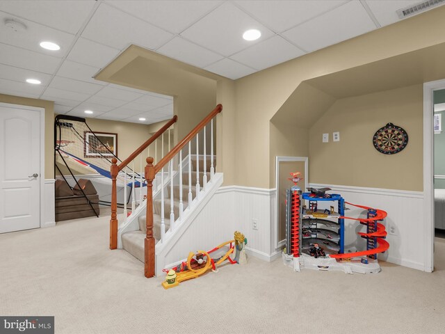 211 Glyndon Meadow Rd, Reisterstown, MD 21136 - playroom with carpet flooring, wainscoting, and recessed lighting