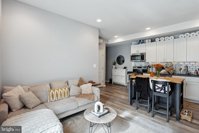 living room featuring light hardwood / wood-style flooring and sink