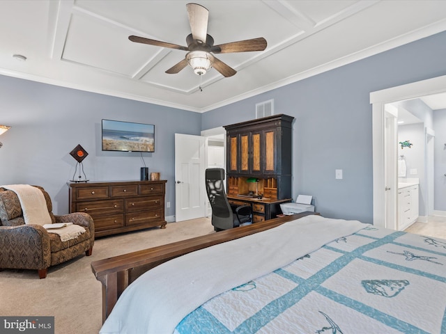 bedroom with ensuite bathroom, ceiling fan, light carpet, and ornamental molding