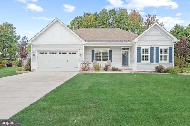 single story home featuring a garage and a front yard