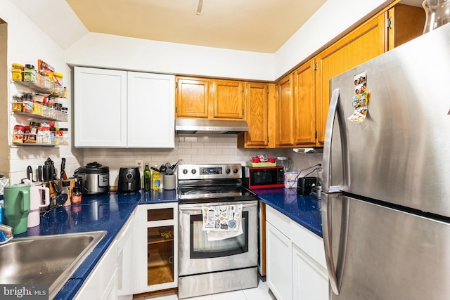 kitchen with under cabinet range hood, a sink, appliances with stainless steel finishes, decorative backsplash, and dark countertops