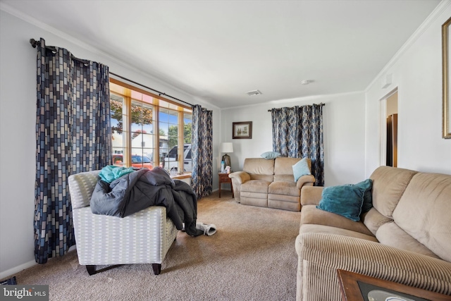 carpeted living room with crown molding