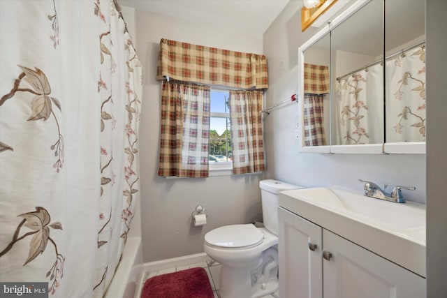 full bathroom with tile patterned flooring, shower / bath combo, vanity, and toilet