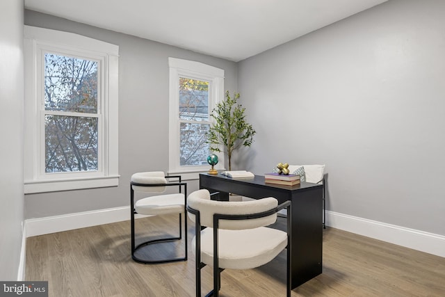 office area with hardwood / wood-style flooring and a healthy amount of sunlight