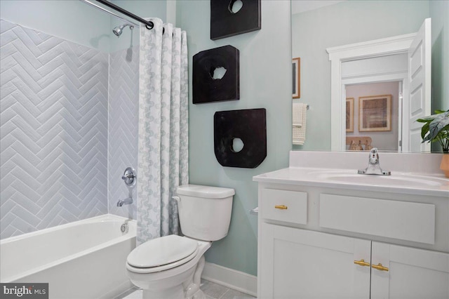 full bathroom featuring tile patterned flooring, vanity, shower / tub combo with curtain, and toilet