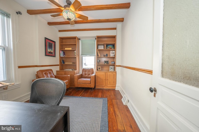 office space with dark hardwood / wood-style floors, ceiling fan, beamed ceiling, and a wealth of natural light