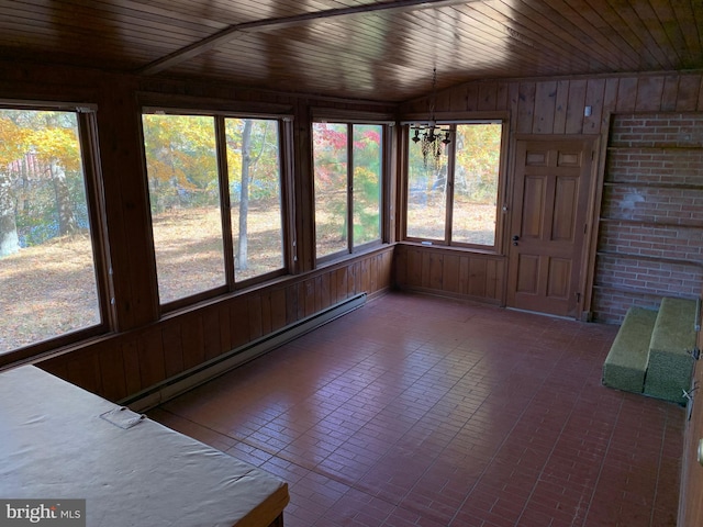 unfurnished sunroom with wood ceiling, vaulted ceiling, and a notable chandelier