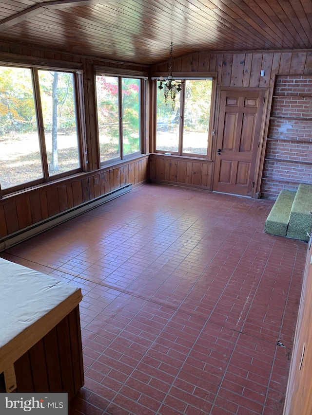 unfurnished sunroom with baseboard heating, wood ceiling, lofted ceiling, and an inviting chandelier