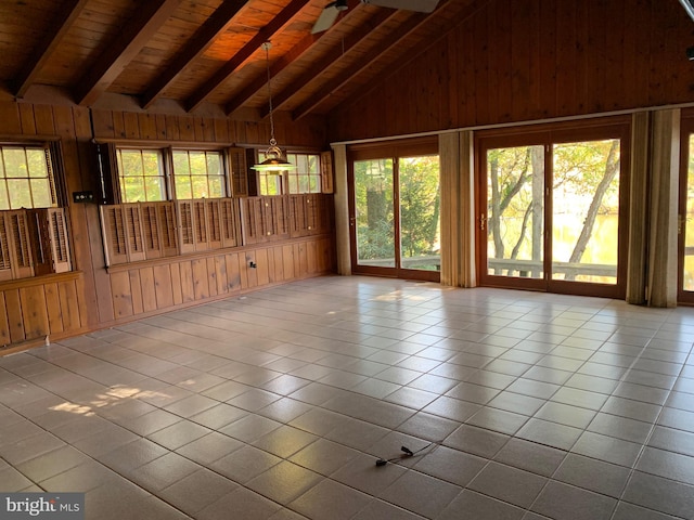 unfurnished sunroom with lofted ceiling with beams, ceiling fan, and wooden ceiling